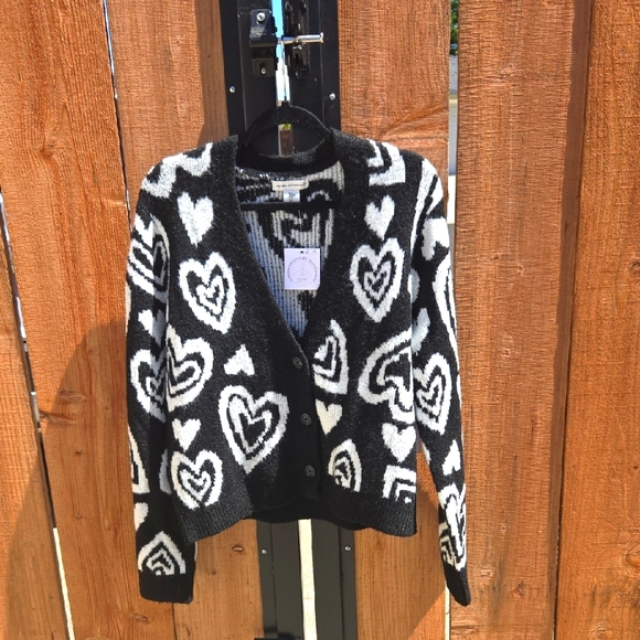 cupcakes & cashmere Sweaters - cupcakes & cashmere Black and White Heart Cardigan sz L  (faux cashmere)